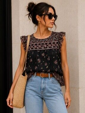 Joie | 100% Silk Floral Embroidered Ruffle Sleeve Blouse, Size XS